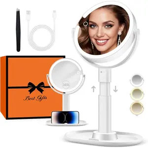 Makeup Mirror with Lights, Lighted Magnifying Mirror 30X with 3 Lighting and Adjustale rightness, 2-Sided Height Adjustale Vanity Mirror for athroom, Gifts for Women White