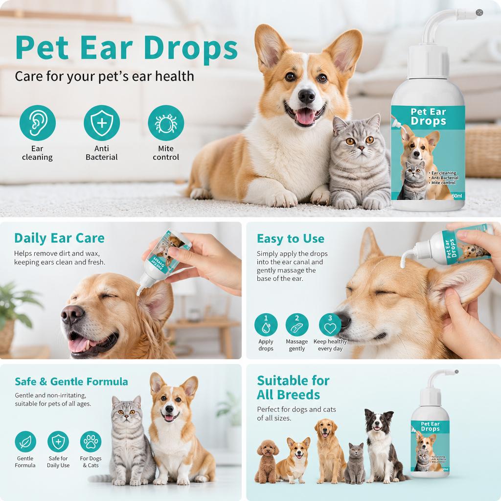 Alcohol-Free Gentle Pet Ear Cleaning Solution, Suitable for Dogs and Cats, 60mL