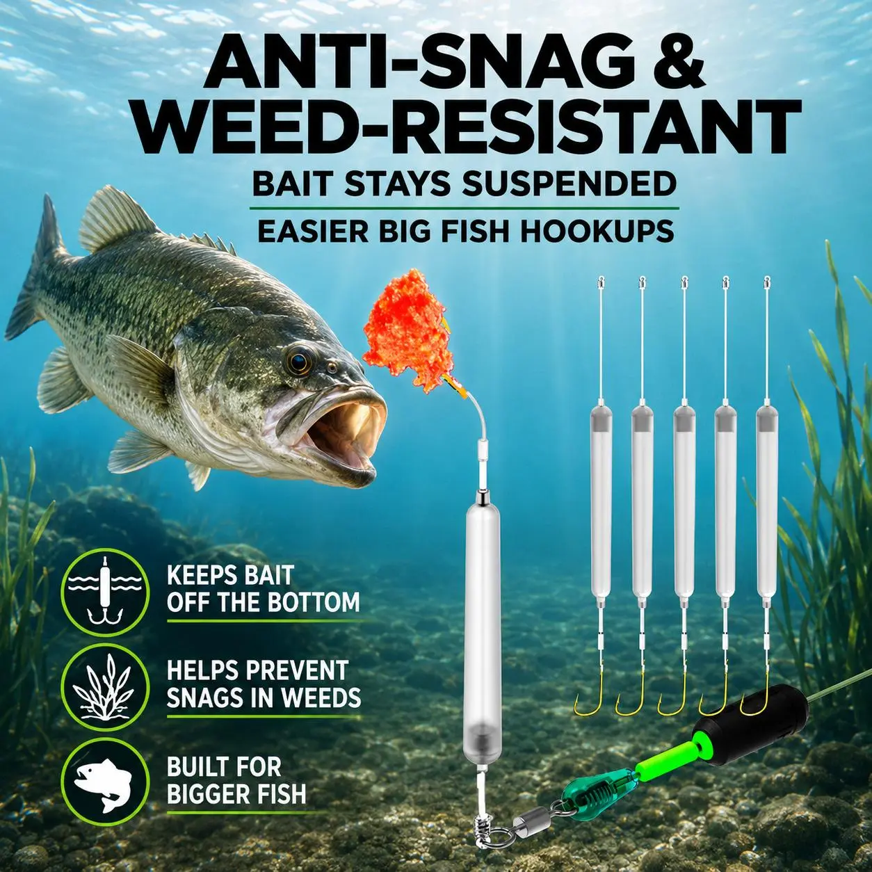 BTF Anti-Snag Off-Bottom Single Hook Rig, Suspended Bait Hook Leader, Floating Fish Hooks for Bottom Fishing, Fishing Equipment for Fishing Rod & Baitcaster, Works with Worms Corn Dough Bait, Bass Catfish Carp Freshwater