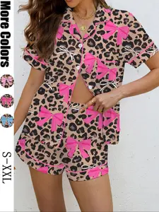 Women's Leopard Bowknot Pajama Set, Casual All-over Print Shirt & Shorts, Soft Comfortable Home Wear, Perfect for Holidays & Parties, Loungewear
