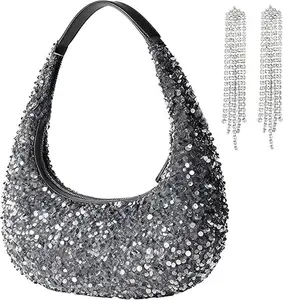 Women's Bling Silver Sequin Clutch Purse - Chic Hobo Crossbody Shoulder Bag, Party Evening Wear Accessory, Purses