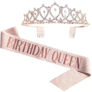Bling Rhinestone Crystal Crown Tiara Elegant Crown Design Birthday Anniversary Decoration Happy 18 21 30 40 50th Birthday Satin Sash Party Supplies