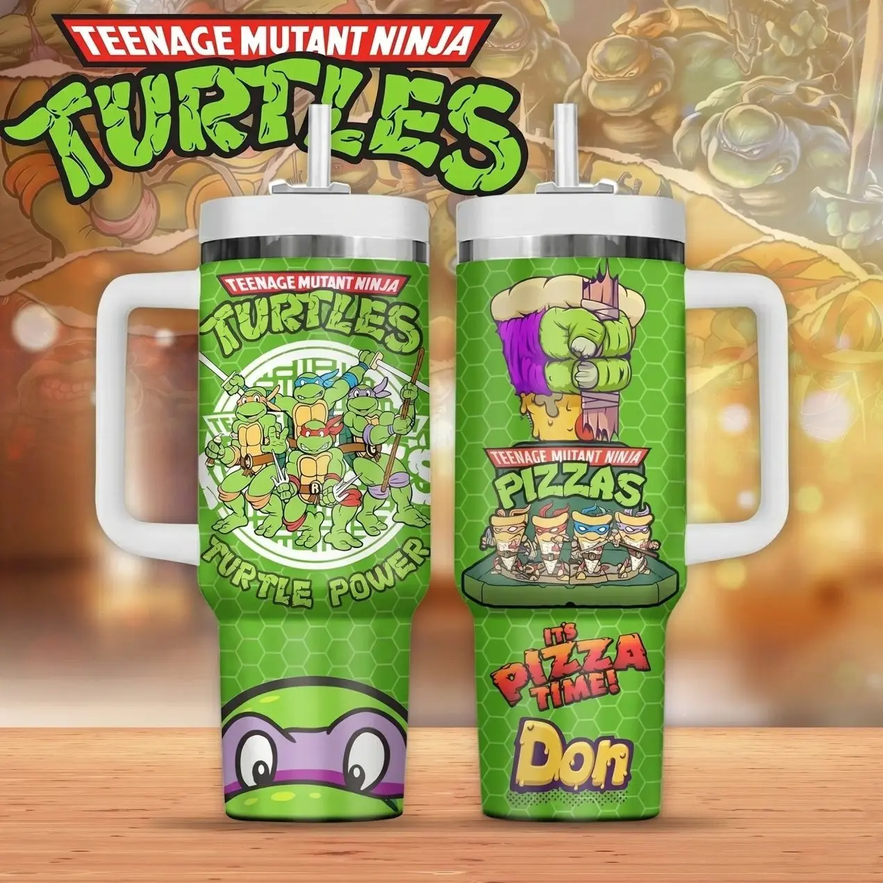 TMNT Teenage Mutant Ninja Turtles 40oz Tumbler with Handle - Retro Cartoon Graphic Travel Mug - It's Pizza Time Turtle Power Design - Double Wall Insulated Stainless Steel Cup with Straw - Gift for 90s Kids & Fans - 40 oz