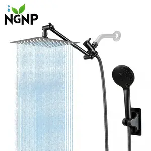NGNP European Boost High Pressure Rainfall Shower Head Combo with 10" Rainfall Showerhead & 5-Mode Handheld Spray, Adjustable Brass Arm, 5-Way Flow Regulator, Supplier Warranty