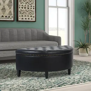 Adeco Storage Bench, PU Leather Half Moon Button Tufted Ottoman with Rivet, Coffee Table for Living Room Bedroom Entryway