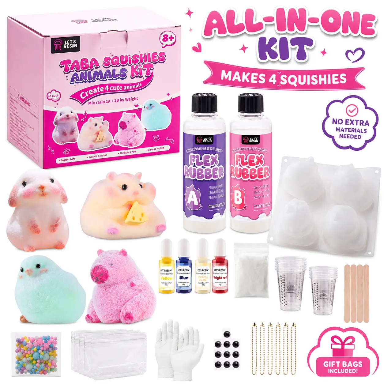 LET'S RESIN Taba Squishy Making Kit, Squishy Toy 16 oz Flex Rubber Silicone Gel with Hamster, Capybara, Rabbit & Chick Molds, Back-to-School Gift for Kids, Summer Craft Activity, Screen-Free Family Fun, Beginner DIY Kit with Color Paste & Flocking Powder