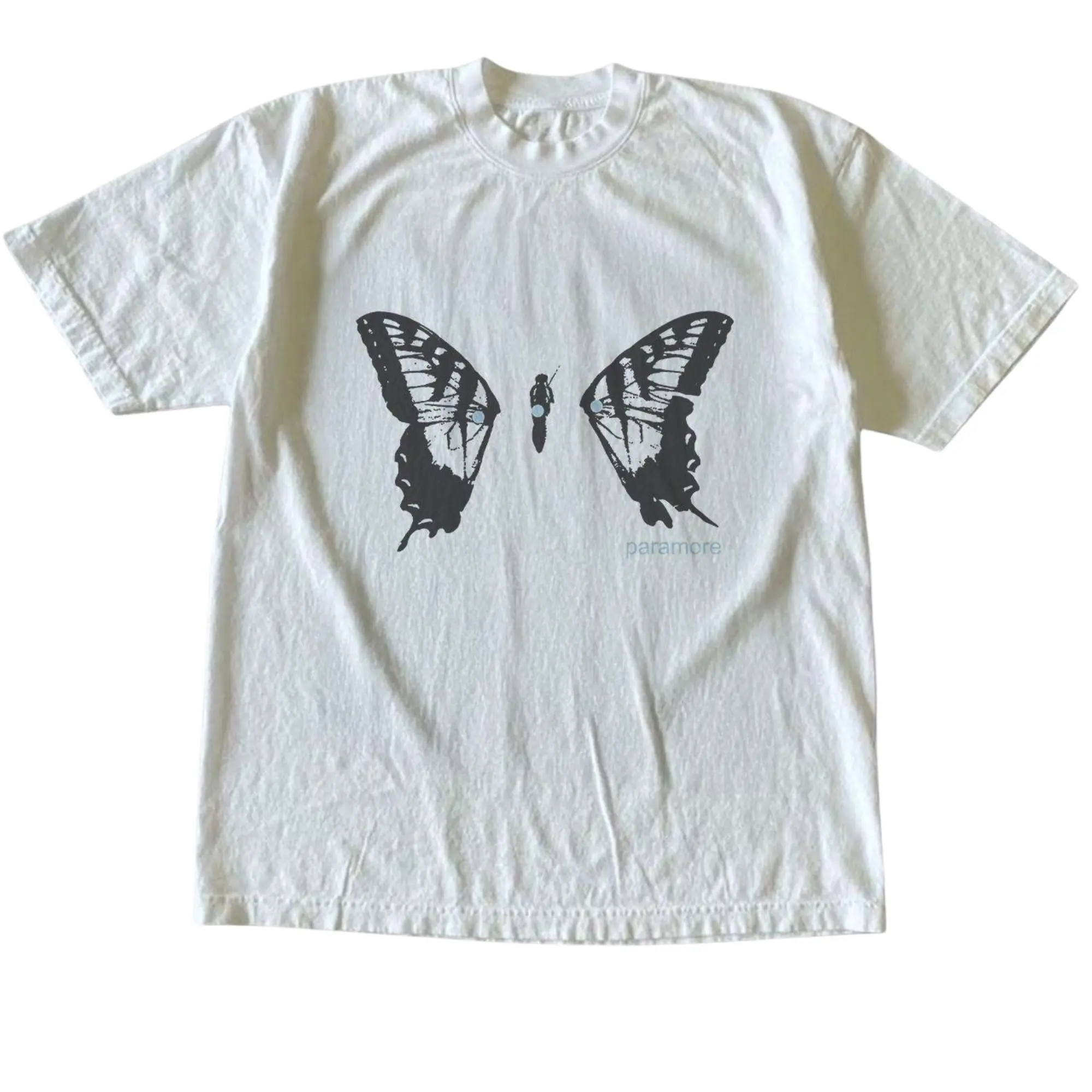Paramore Brand New Eyes Graphic T-Shirt, Black Split Butterfly Wings Illustration With Small Text Logo Graphic Print, Unisex Streetwear Tee For Rock Music Fans, Retro Vintage Indie Outfit
