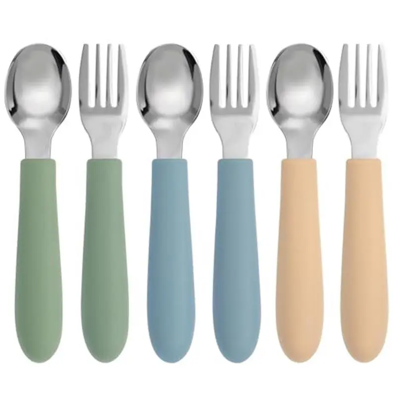 6-Pack Safe Baby Utensils Set, Toddler Forks & Spoons with Silicone Handles, 18/8 Stainless Steel Child-Friendly Flatware, BPA-Free, Boil Sterilized, Encourages Self-Feeding, Dishwasher Safe, Utensil