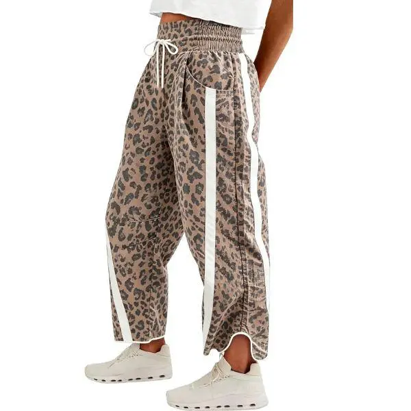 Fisoew Women's Baggy Wide Leg Pants Casual Elastic High Waisted Drawstring Printed Workout Sweatpants