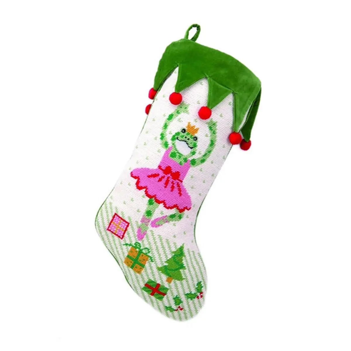 PEKING HANDICRAFT Handmade Wool-Cotton Needlepoint Stocking - 11x18 in, Model 31KR197MC, New Ballerina Frog Design, Adult, Handmade Craft, 100% Wool, Decorative, Vivid Colors, Sturdy Construction, Christmas Home Festive Decor Accessory, Perfect Constructi