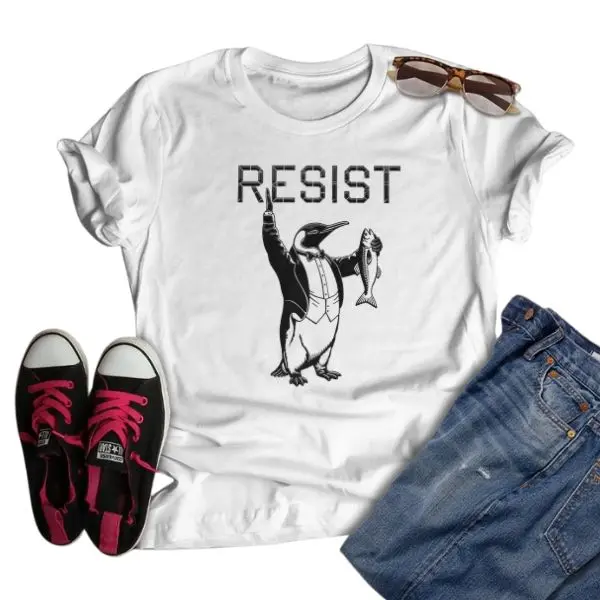 Penguins Resist Graphic Tee - Cute Animal Shirt with Twist, Funny Statement Top, 100% Cotton, Casual Style, All Seasons, High Neck, Short Sleeve - Classic