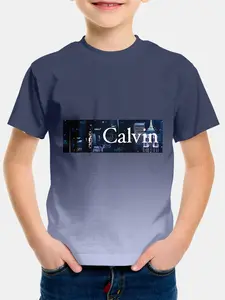 Gradient Blue Calvin City Wind Letter Short Sleeve, Unisex Casual Round Neck Top, All-Seasons Slim Fit Summer Wear