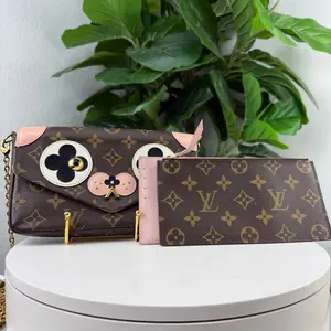 Pre-owned Louis Vuitton Monogram Canvas with Leather Trim Small Leather Goods Monogram Animal Print Pochette Felicie Chain Wallet Authentic
