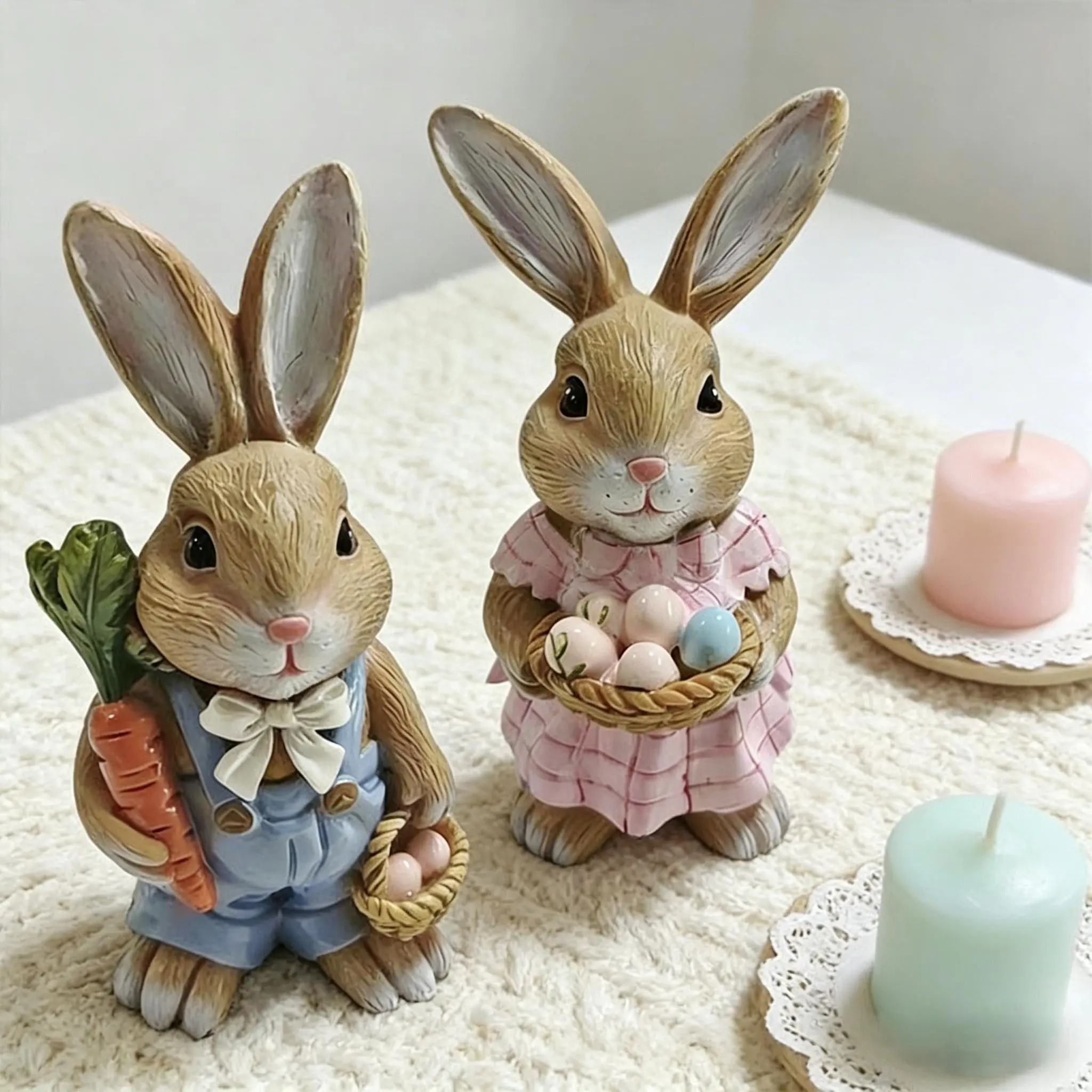 Resin Bunny Pair Decor - Colorful Eggs, Fresh Carrot Accents, Durable Easter Home Statue Figurine, Room Ornament, Must-Have Gift for Easter Enthusiasts