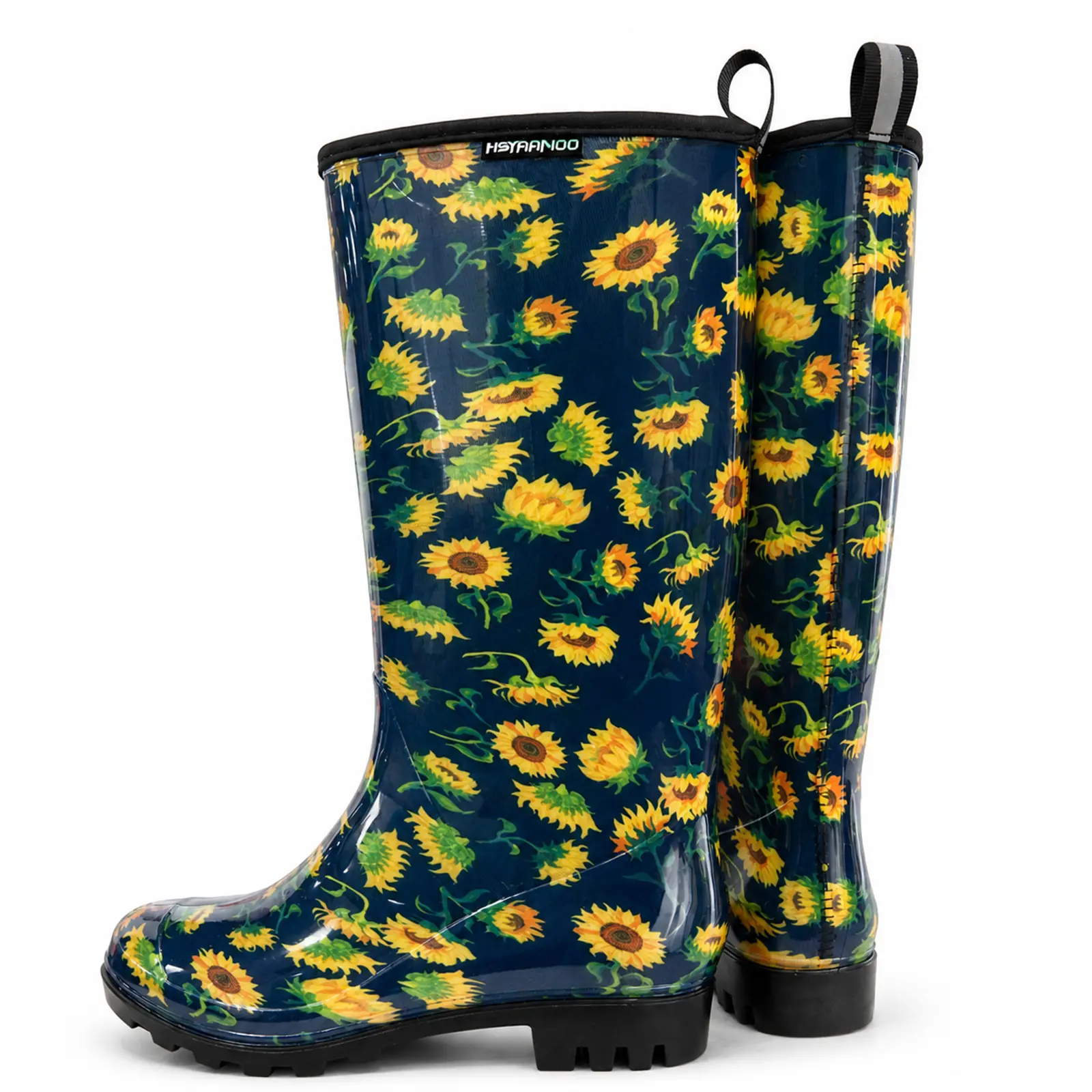 Womens Waterproof Tall Rain Boots with Sunflower Print, Anti-Slip Rubber Wellies, Navy Blue Floral Design for Gardening, Walking, Rainy Weather