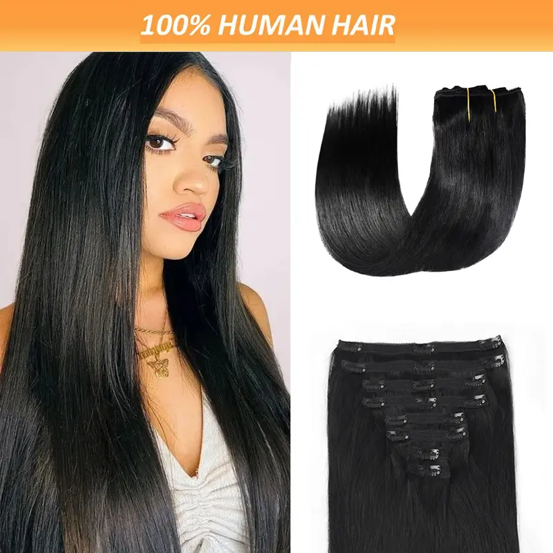 New 2025 Arrivals Clip-In Human Hair Extensions for - Natural Straight Remy Hair Human Hair, Clip-On Extensions with Secure Clips, Natural Black Color for Daily Use & Versatile Styling, Versatile Hairpiece |   Secure Clip Attachments