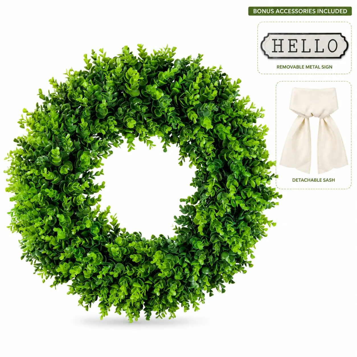 (Clearance) 24" Large Boxwood Wreath, Foldable Boxwood Wreath, Home Decor for Indoor-Outdoor Use, Home Supplies Decorative Artificial Plant (with Hello Sign & Ribbon)