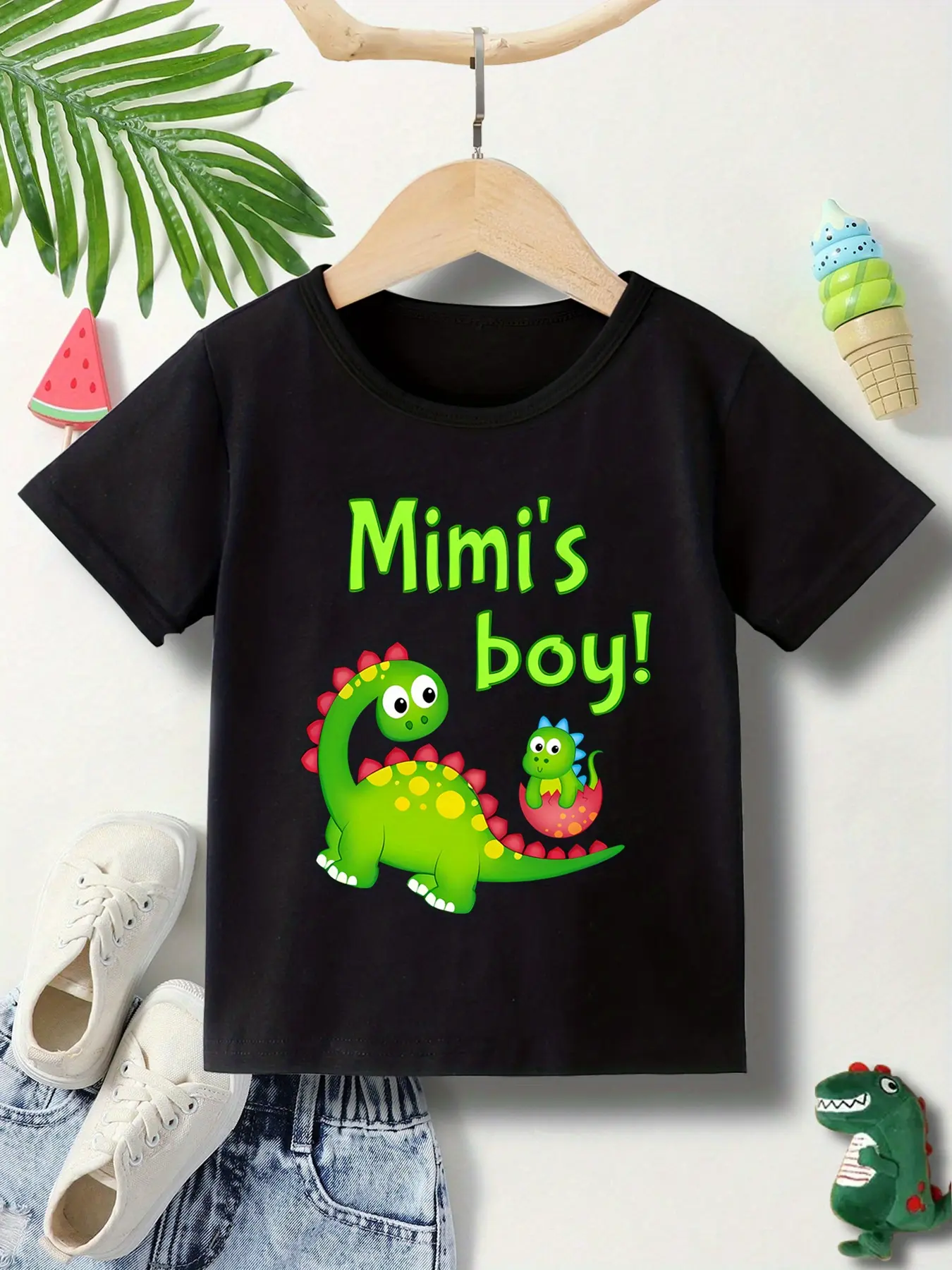 Toddler Boys "Mimi's Boy!" Dinosaur Graphic T-Shirt, Kids Casual Short Sleeve Crew Neck Tee