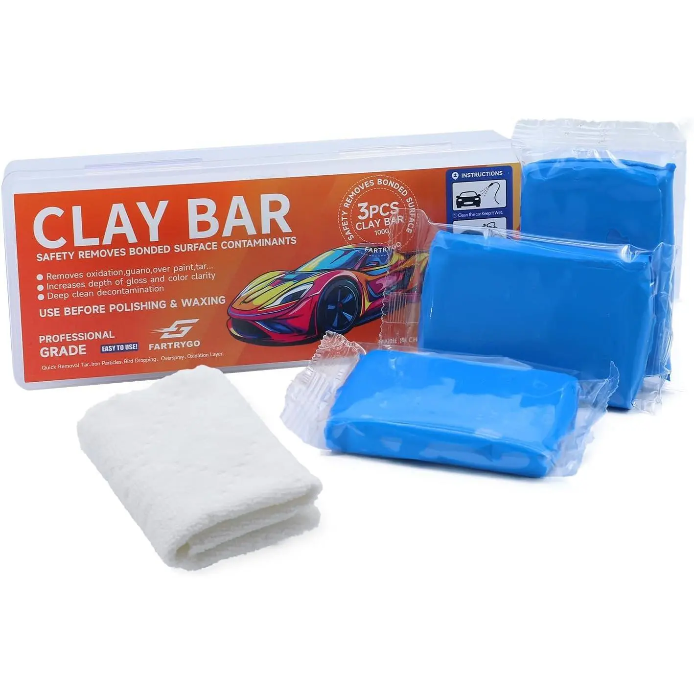 Clay Bar Medium Grade 100g 3 Pack with Microfiber Towel | Advanced production technology creates elastic clay with balanced cleaning strength for professional and DIY detailers.