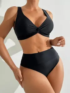 Women's Solid Color Bikini Set V-Neck Knot Back Tie Swimsuit Removable Padding Sexy High Waist Summer Beach Vacation Swimwear