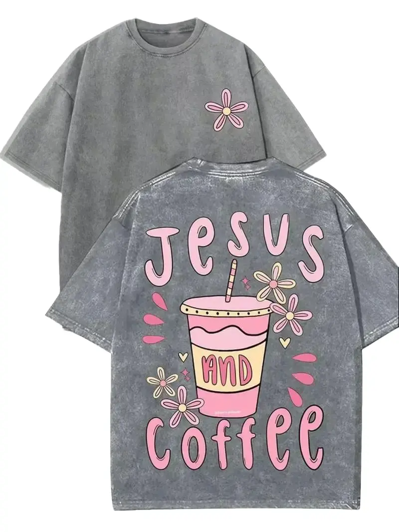 Jesus T Shirts for Women, Vintage Oversized Cotton Tee with Cute Floral & Coffee Graphic Print, Casual Short-Sleeve Round Neck Top, Shortsleeve, T-Shirt, Loose, Heart