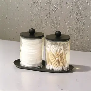 Qtip Holder Dispenser with Tray Bathroom Jar Storage Organization Acrylic Apothecary Jars Canisters , Cotton Ball Qtip Holder Bathroom Set with Black Lids for Cotton Swab Halloween Storage, Storage Organizer