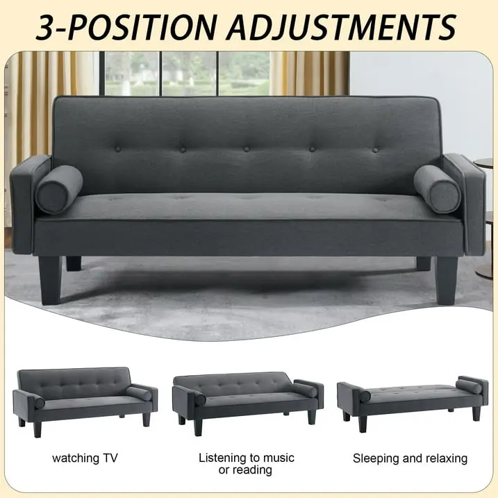 71-in Convertible Futon Sofa Bed - Modern Reclining Loveseat Couch with 2 Pillows for Living Room, Black l boneless double