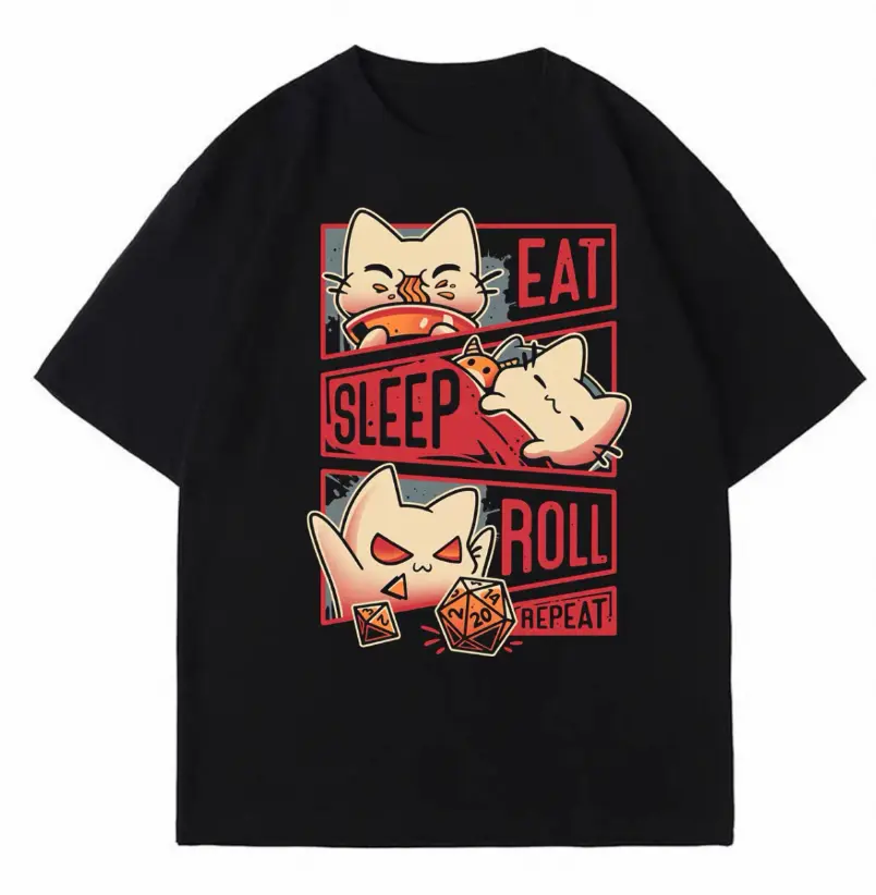 Men's Cute D20 Dice Cat Graphic Crew Neck T-Shirt - Gamers' 100% Cotton Short-Sleeve, Loose-Fitting, Breathable, Comfy Casual, Machine Washable Tee with Eat Sleep Roll Repeat Print