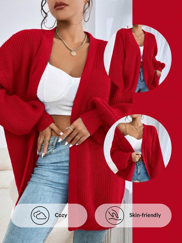 SHEIN EZwear Women's Spring Fashionable Drop Shoulder Ribbed Knit Duster Cardigan,Long Sleeve Tops In Fall/Winter