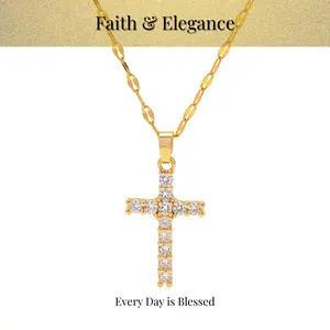18K Gold Plated CZ Cross Pendant Necklace - Sparkling Figaro Chain, Unisex Faith Gift Jewelry