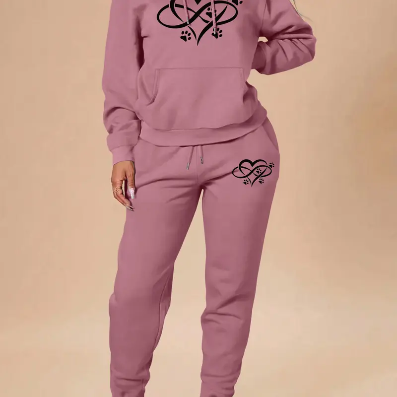 Valentine's Day Fall & Winter Casual Heart Print Hooded 2-Piece Sweatshirt Set, Long Sleeve Top and Pants, Home & Outdoor Sportswear, Multiple Colors