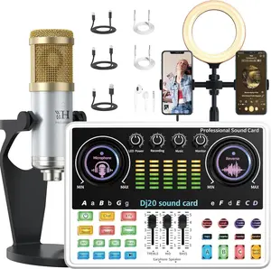 All-in-One Podcast Bundle: Audio Interface DJ Mixer,Microphone, Stand, Monitor Earphones, Sound Card for PC/Laptop/Phone, Streaming&Gaming Metal Cable
