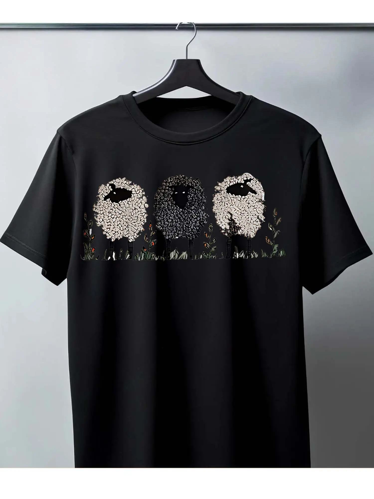 Black Cotton Men's T - Shirt_ Sheep Pattern Theme. unisex soft cotton short sleeve t shirt, vintage graphic casual tee for men women teens, perfect birthday holiday gift for camping travel gym daily street  wear