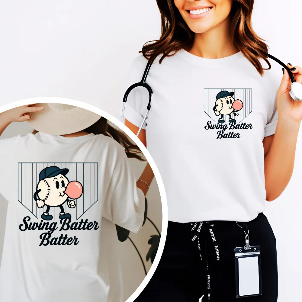 Swing Batter Batter Baseball Shirt, Baseball Logo Shirt, Funny Shirt, 100% cotton tees, White - Double-sided printing