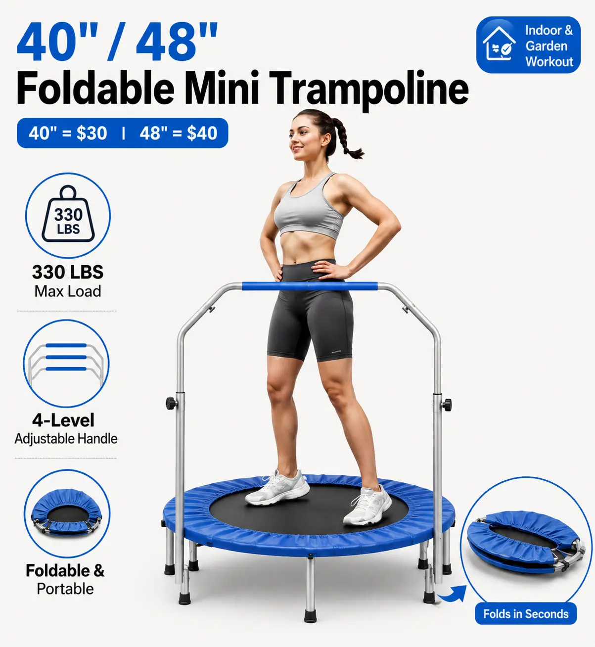 40"/48" Round Foldable Fitness Trampoline with Adjustable Handle for Adults & Kids, Steel Frame Rebounder for Indoor Cardio, 330 lbs Max Load