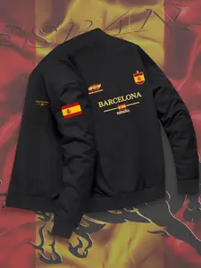 Men's Spanish Print Trendy Winter Jacket, High-End Casual Baseball Neck Zipper Coat, Cold Weather Coats, Perfect for Sports and Outdoor Activities