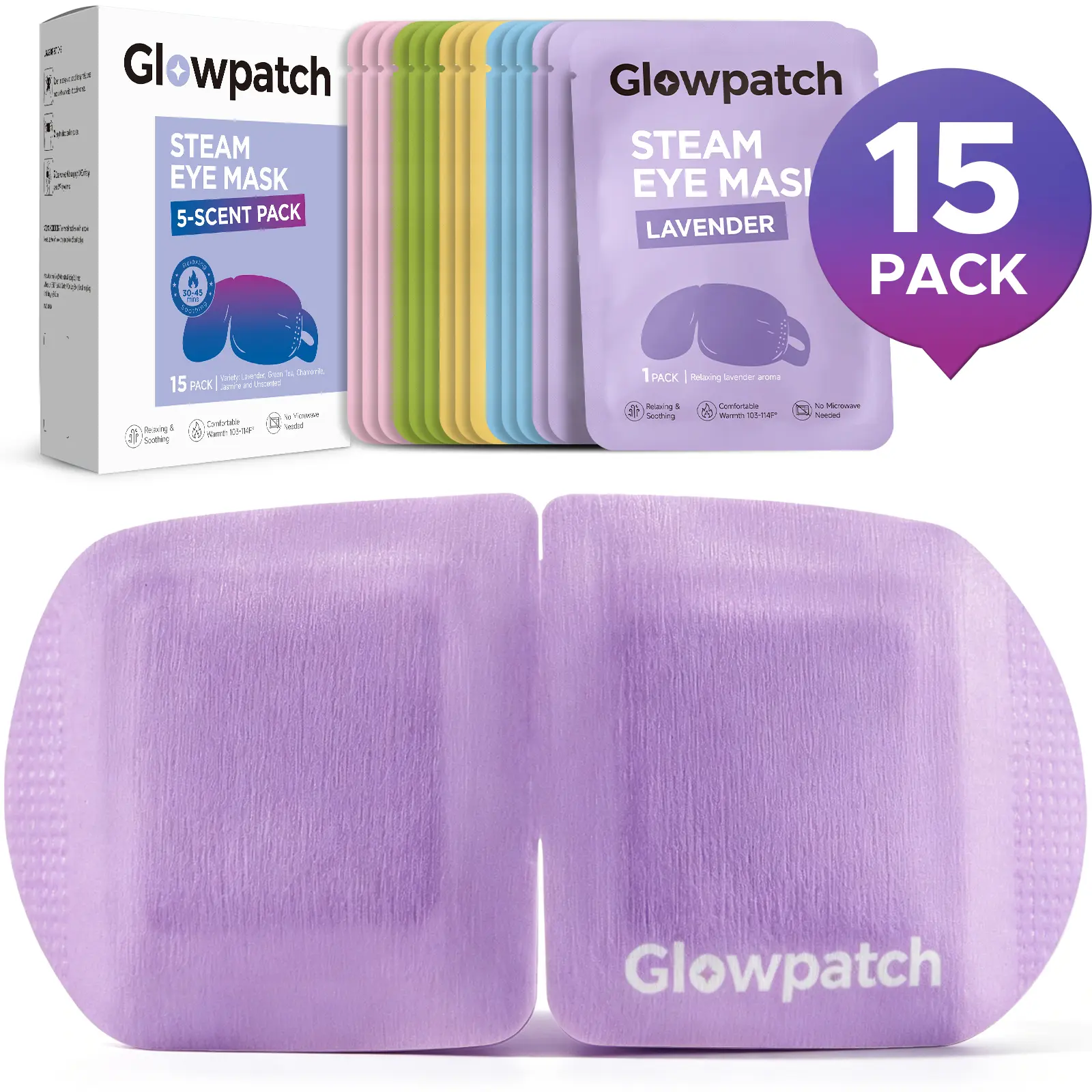 Glowpatch 15 Packs Steam Eye Mask, Heated Eye Mask for Dry Eyes, Self Heating Warm Compress, Disposable Travel Essentials & Relaxation Set, #DealsForYouDays (Variety)