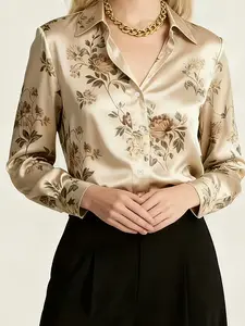 Elegant French Vintage Satin Floral Boho Style Shirt for Women, Chic Turn-Down V Neck Long Sleeve Top, Luxurious Silk Feel Commuter Blouse