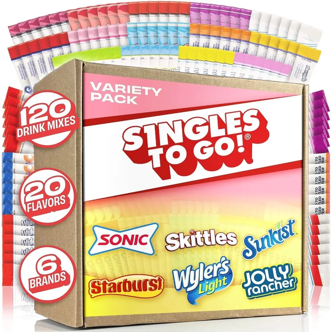 Singles To Go! 120ct Bulk Variety Pack - 20 Different Flavors from Skittles, Sonic, Sunkist, Starburst and More - Sugar Free Drink Mix Packets - Sugar Free Water Flavoring Packets