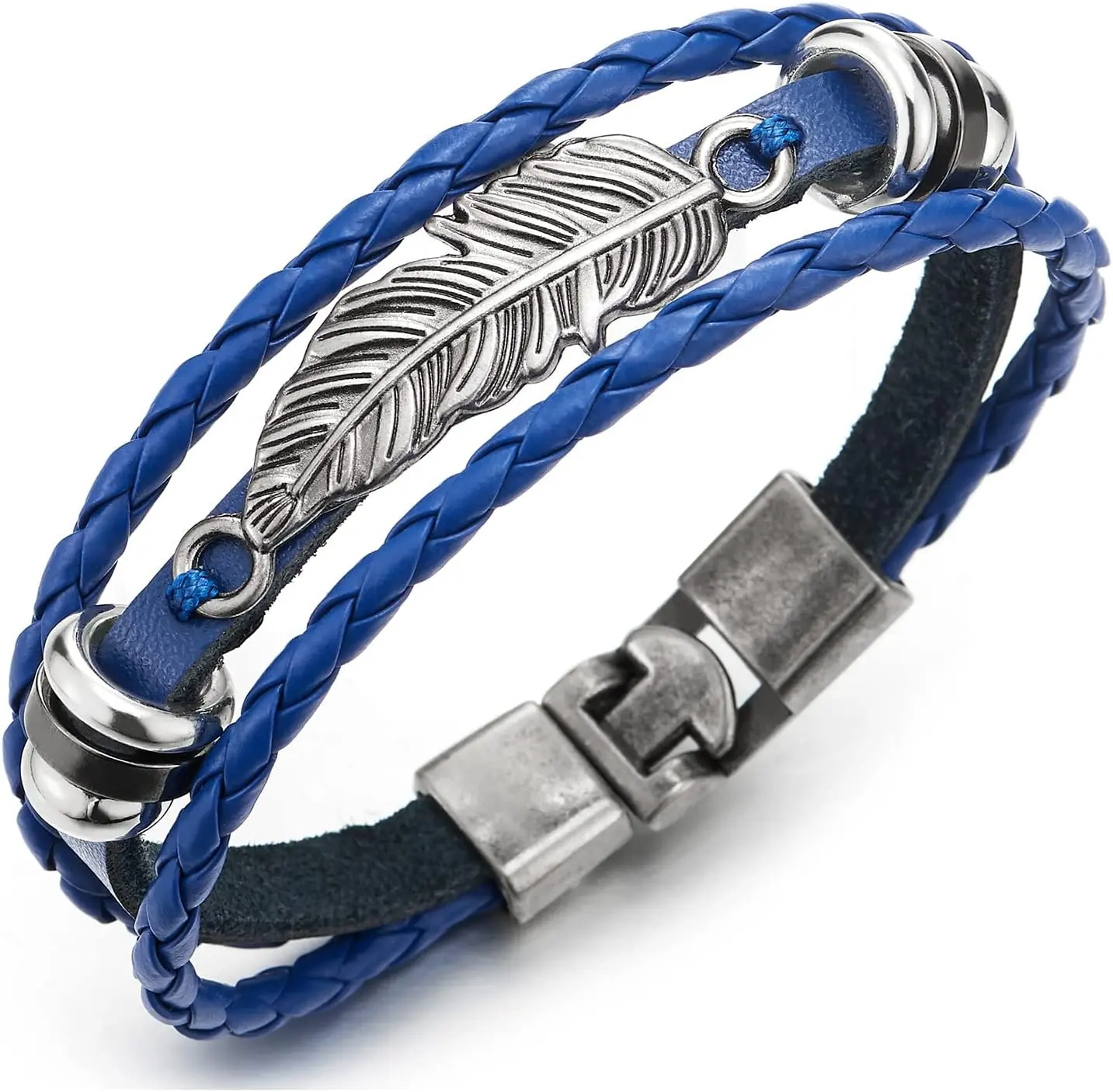 COOLSTEELANDBEYOND Vintage Feather Leaf Braided Leather Bracelet for Men Women, Three-Row Leather Wristband