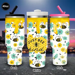 1 pc 40 oz cute bee and flower pattern tumbler with lid and straw, winter insulated travel mug, gift for women and men, ideal for Valentine’s Day, Easter, birthday gifts, iced/hot coffee cup