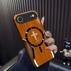 Luxury Wood Grain MagSafe phone case Carbon Fiber Texture Golden Cross Emblem for [iPhone 17 Air] 952