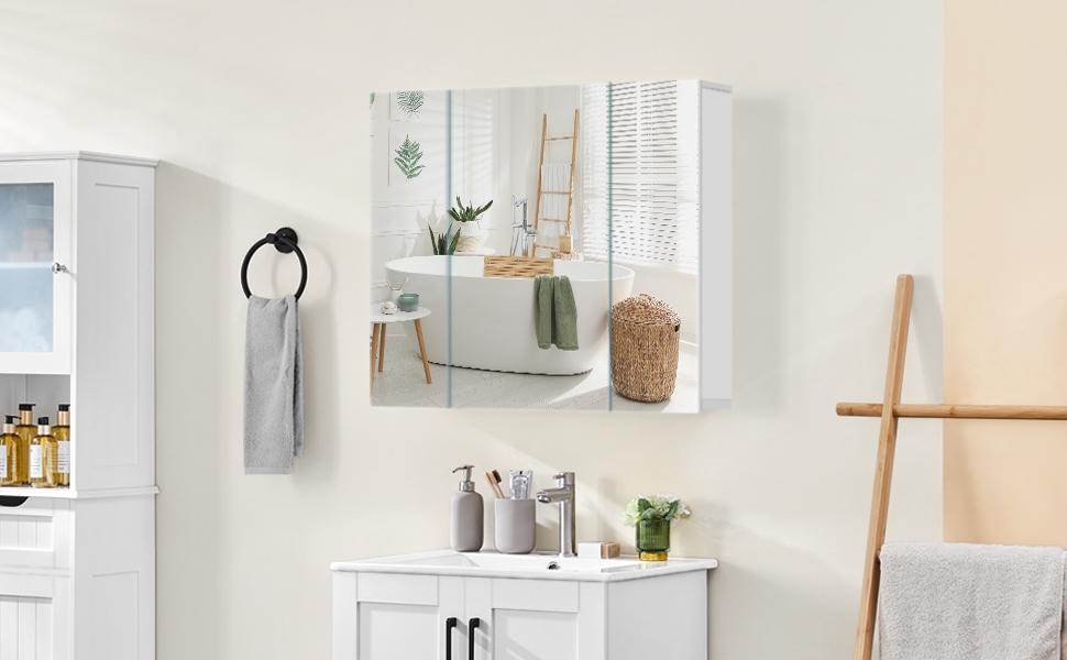 【3 doors】Yaheetech Frameless Mirror Cabinet, Medicine Cabinet with Three Frameless Mirrored Doors, Bathroom Mirror with Storage and Adjustable Shelf, Wall-Mounted Storage Cabinet for Living Room, Laundry Room, Mudroom