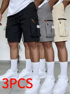 Men’s multi-pocket cargo shorts, 3-pack, adjustable waistband, polyester non-stretch fabric, suitable for outdoor shorts for summer camping and travel. run casual sport loose lightweight men wholesale waist grey quick-dry elastic Street Style Pants men's,