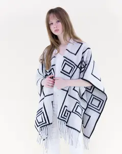 Women’s Graphic Squares Fringe Ruana Wrap – Modern Geometric Open Shawl Cape