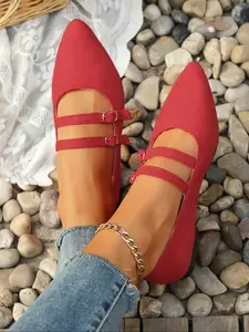 New Buckle Pointed Toe Shoes, Mary Jane Flat Shoes Comfortable and Stylish, Casual Textile Upper, Rubber Sole, All Seasons, Flats Shoes Women