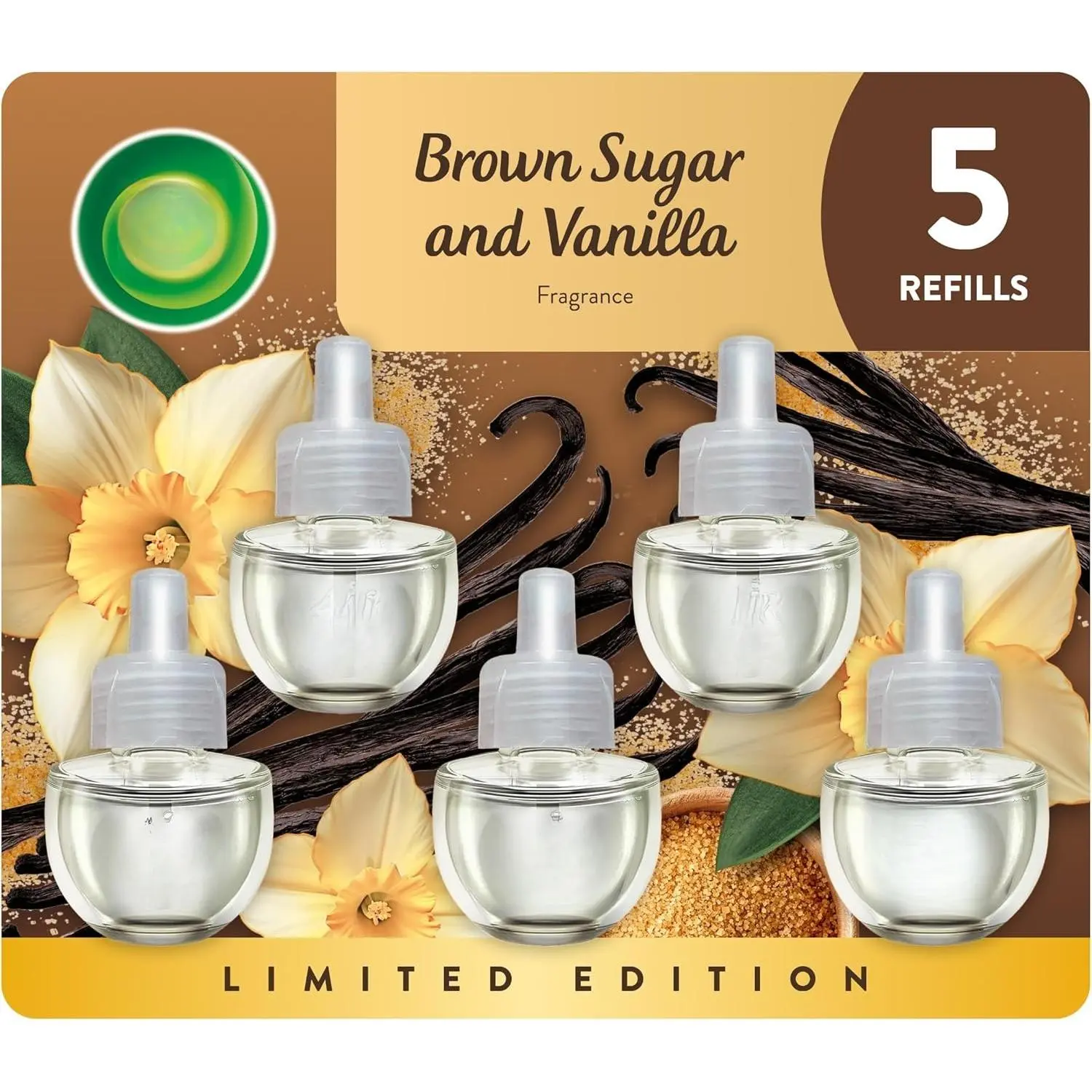 5-Count Brown Sugar & Vanilla Scent Plug-In Refills with Essential Oils, Fall Home Fragrance Air Freshener for Home Decor, Five Refills
