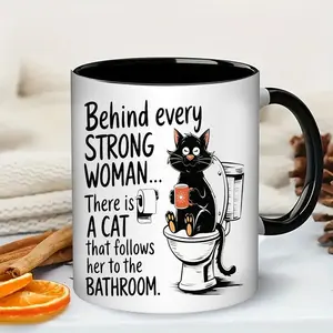 Behind Every Strong Woman Cat Mug 11oz, Funny Cat on Toilet Coffee Cup, Best Cat Mom Mother's Day Gifts for Women
