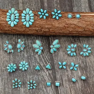 Turquoise Stud Earrings - Vintage Western-Style Inlaid Geometric Triangle, Round, and Square Flower Shape - 12 Pairs Design