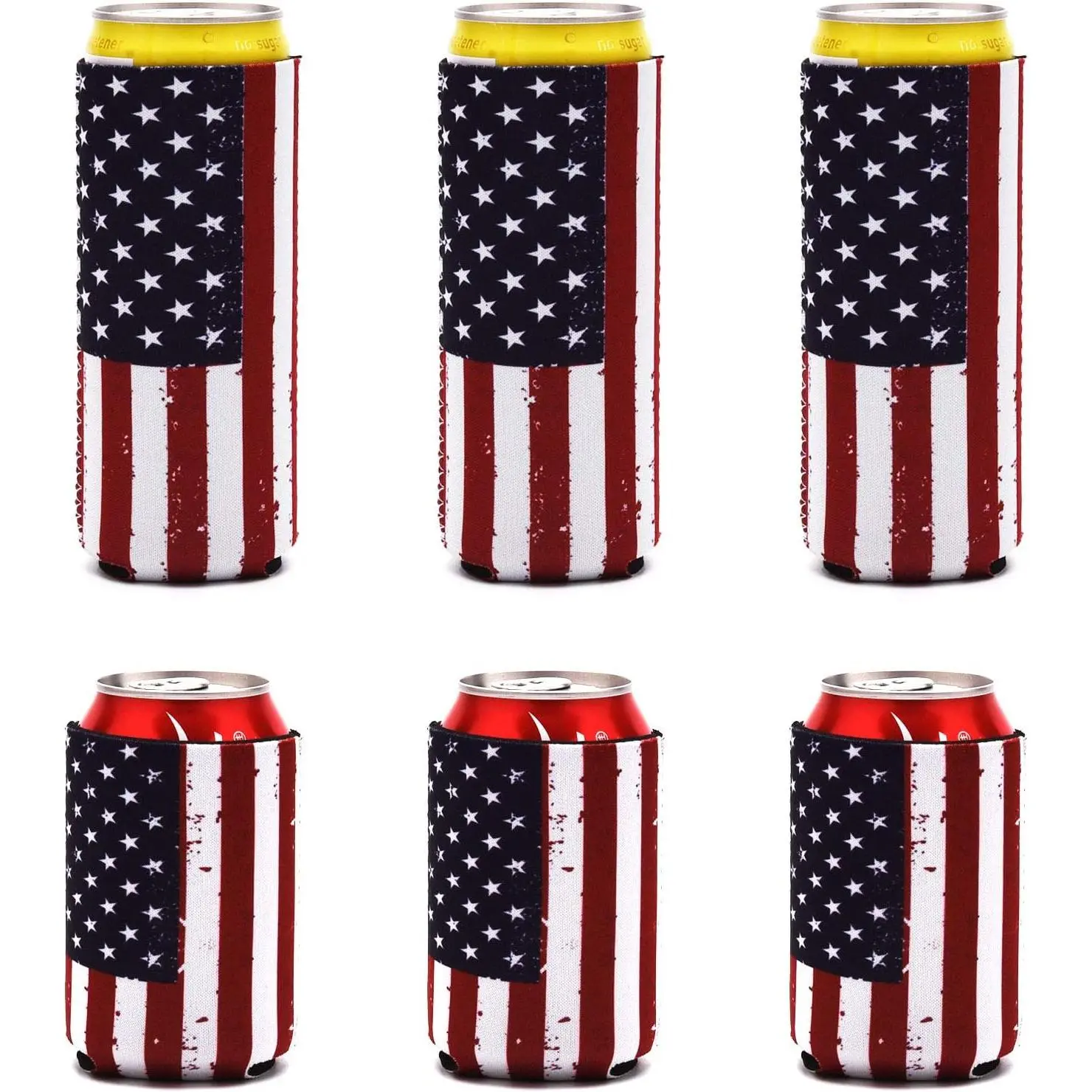 6-Pack Slim American Flag Neoprene Rubber Cup Cooler Sleeves - 12 oz Beverage Insulators, Hot & Cold Soda Covers, Kitchenware Drinkware Accessories for Wedding Parties